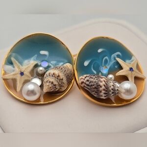 Sterling Silver 925 Ocean Wave Starfish Enamel Earrings Handmade Artisan